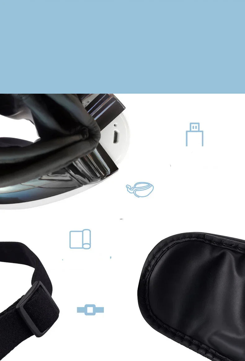 Black sleep mask with strap and icons on a white background