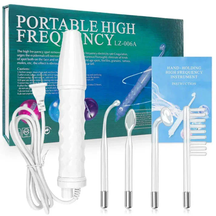 High-frequency facial wand demonstration showing proper usage technique for skin treatment