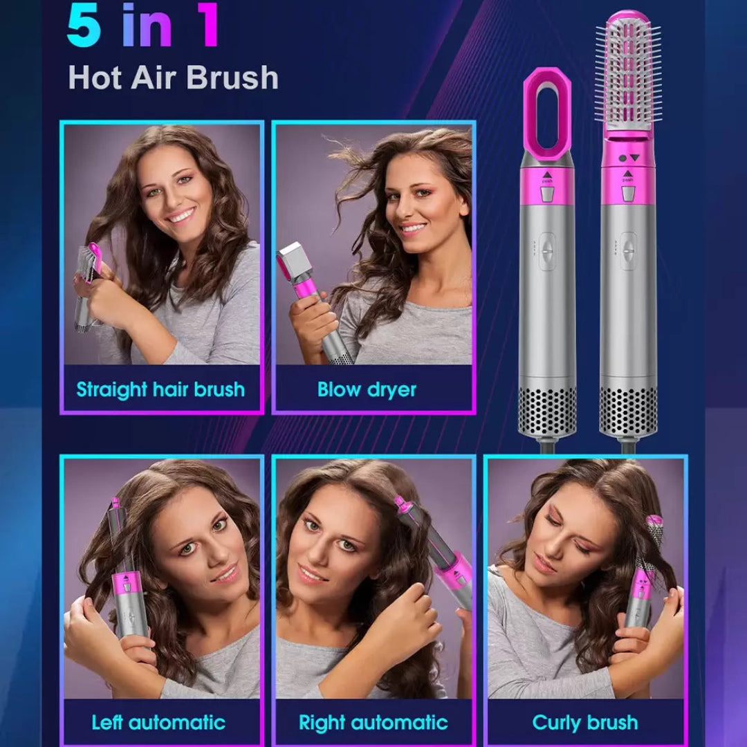 5-in-1 hot air brush with multiple uses shown on a blue background