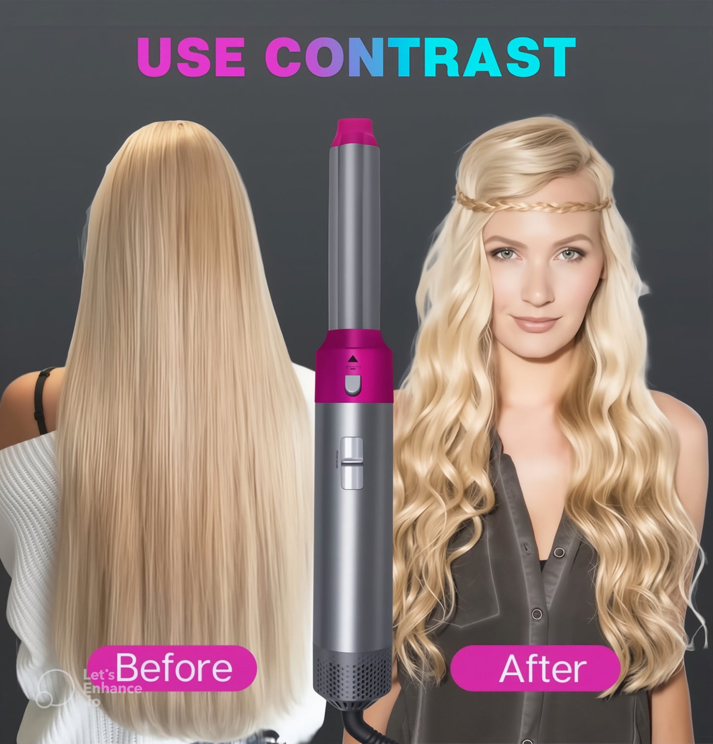 Hair straightener with 'Before' and 'After' comparison of hair style on a dark background