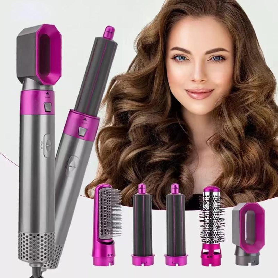 Hair styling tool with interchangeable attachments and a woman with styled hair.