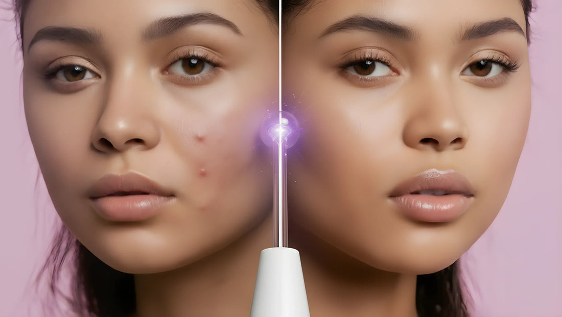 Woman using high frequency facial wand device for acne treatment on face