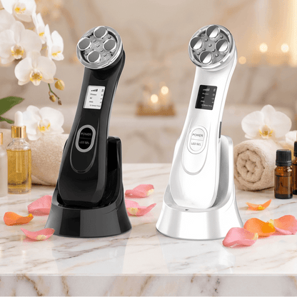 RadiantLift Pro 5-in-1 Home Beauty Rejuvenation Device in black and white on marble counter. Features EMS, RF, LED, and sonic technology for skin care.