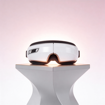 Premium Electric Eye Massager with Heat & Vibration by Skinsbliss on display pedestal. Spa-quality eye care device for reducing puffiness and strain.