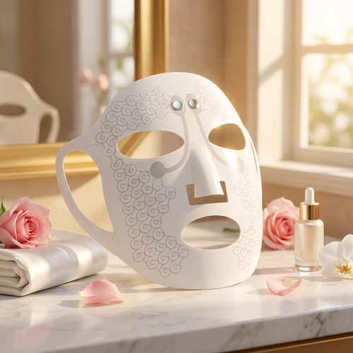 White facial mask on a marble surface with roses and a dropper bottle.