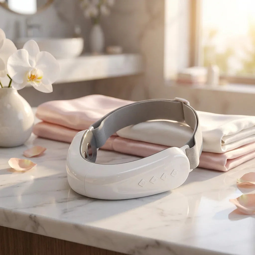 White neck massager on a marble surface with pink towels and flowers in the background