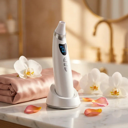 White electronic device on a marble surface with flowers and a mirror in the background