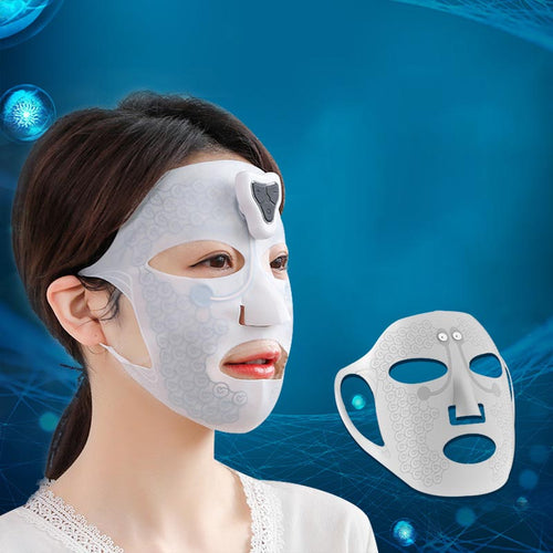 Woman wearing a white face mask with a blue background