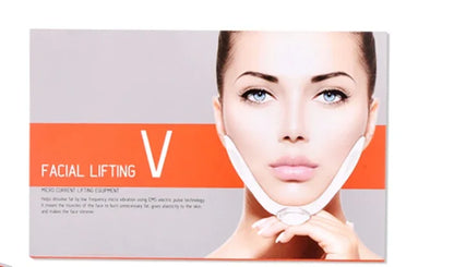 Product packaging for facial lifting device with a woman's face on a gray background