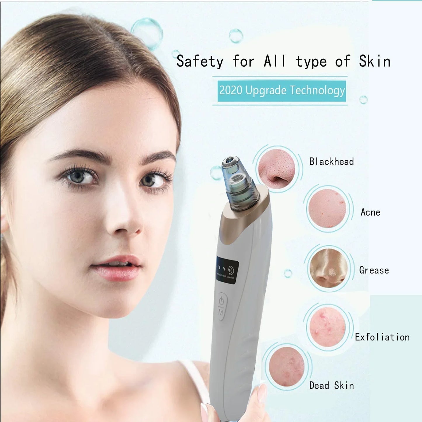 Woman with skincare device and skin condition icons on a white background