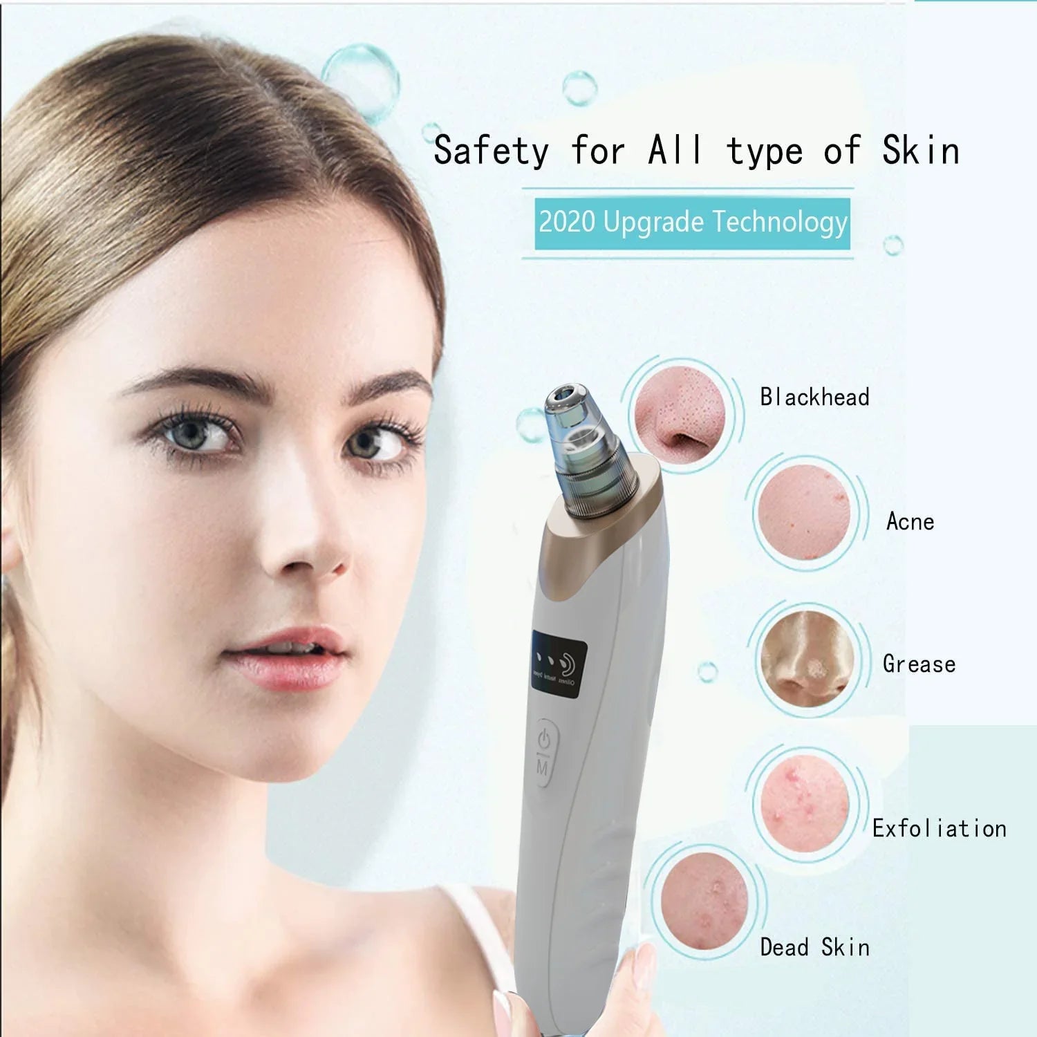 Woman with skincare device and skin condition icons on a white background