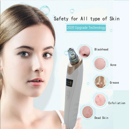 Woman with skincare device and skin condition icons on a white background