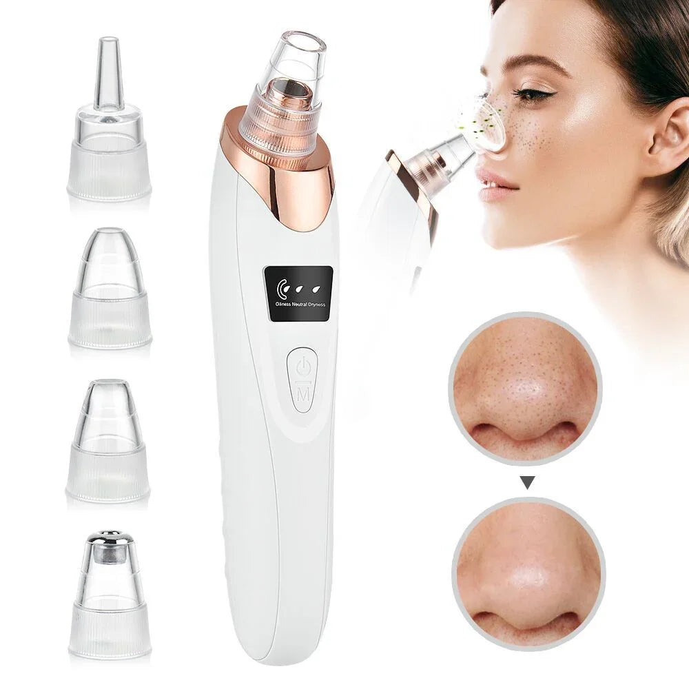 Beauty device with attachments and a close-up of skin before and after use.