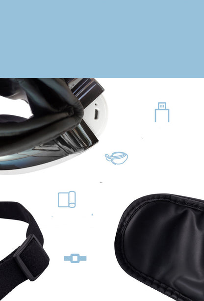 Black sleep mask with strap and icons on a white background