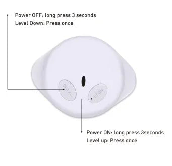 White electronic device with control buttons and power instructions on a white background