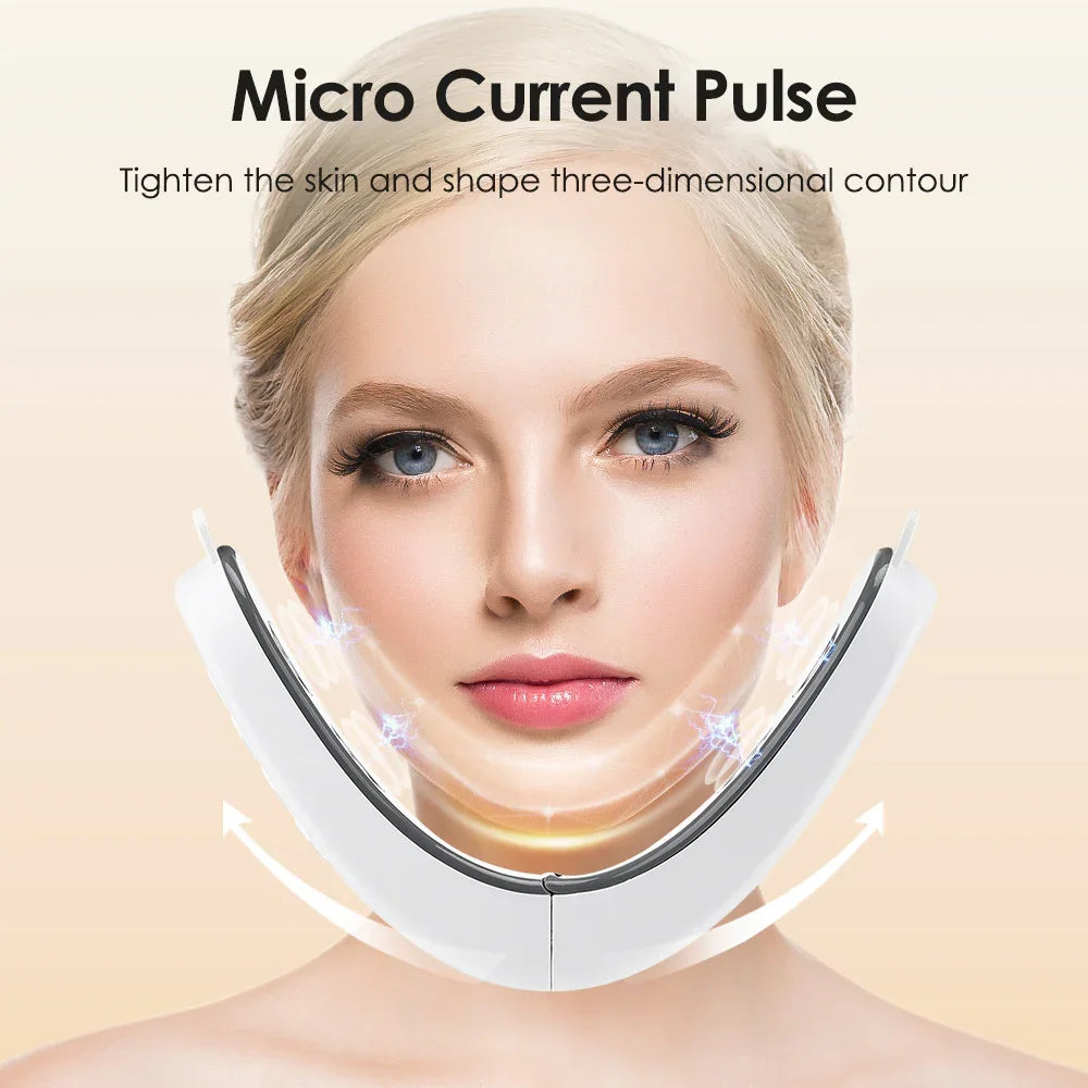 Woman wearing a facial device with text about micro current pulse therapy on a beige background