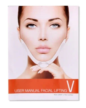 Product packaging for facial lifting device with a user manual on a white background