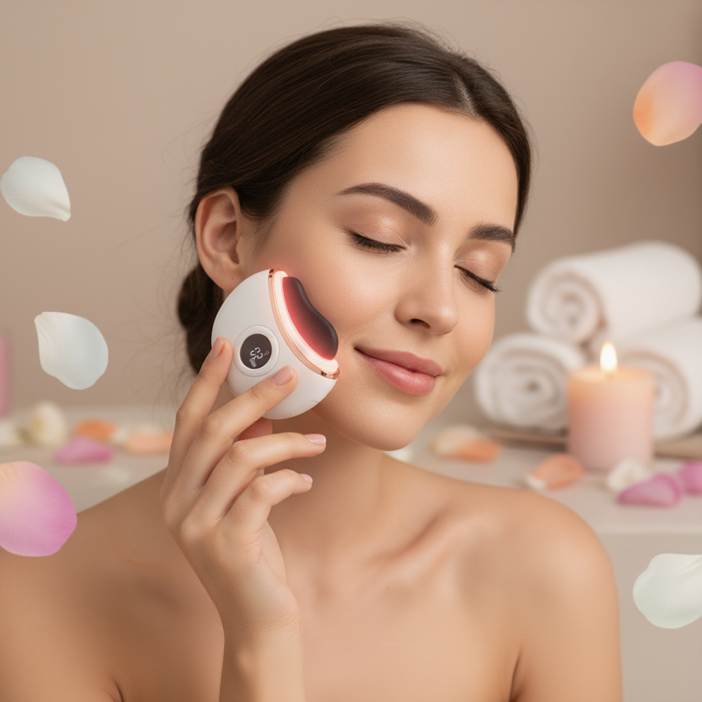 Woman using a facial device with a spa-like background