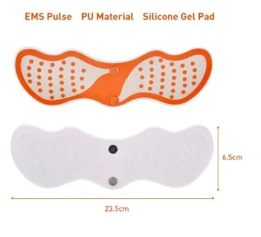 Orange and white device with text indicating 'EMS Pulse', 'PU Material', and 'Silicone Gel Pad'.