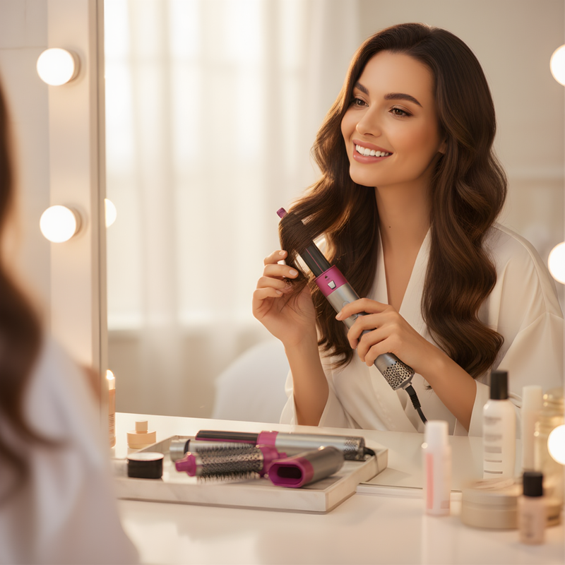 Woman using a hair straightener in front of a mirror with various hair care products on a table.