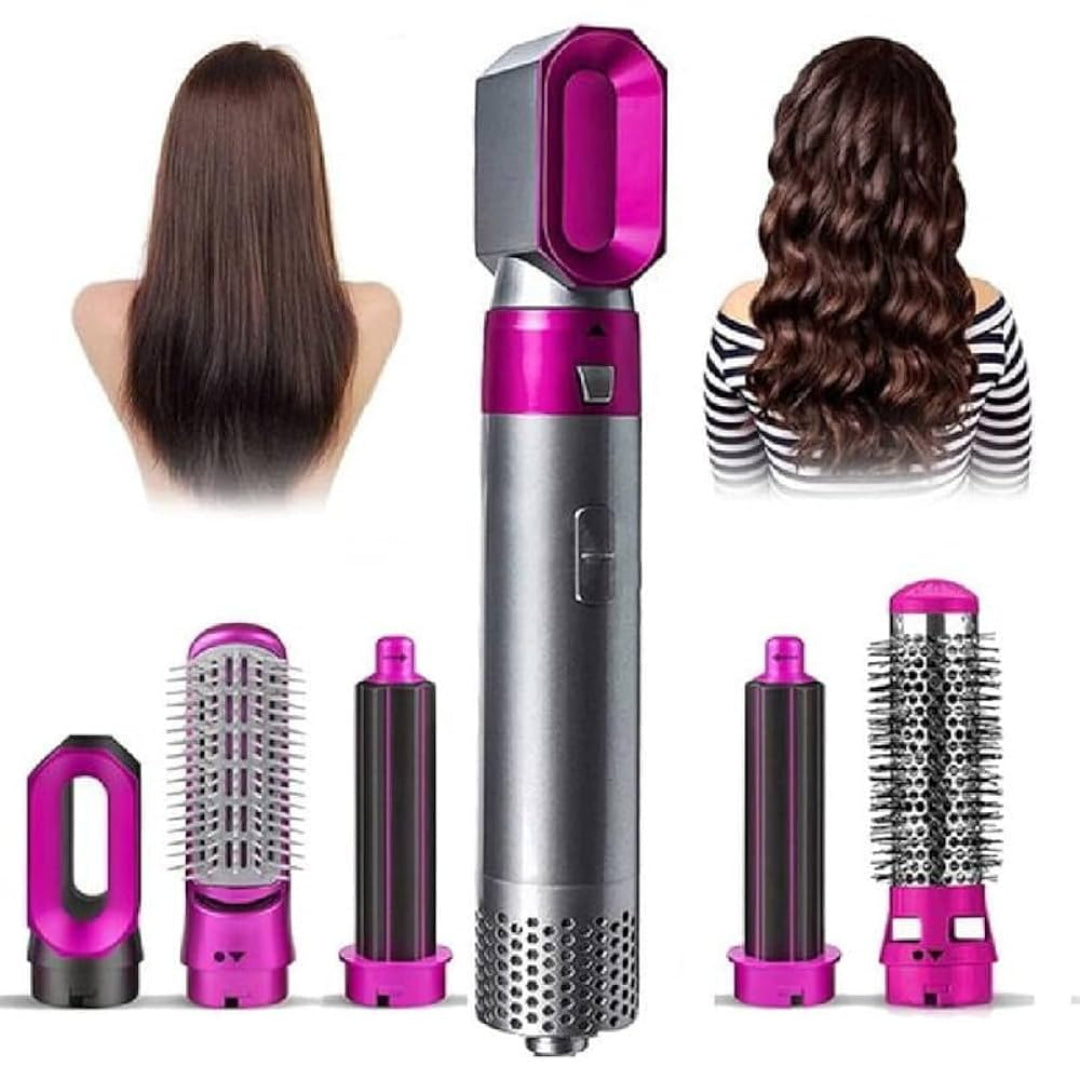 Hair styling tool with interchangeable attachments on a white background