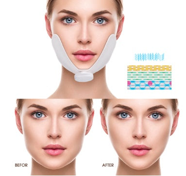 Before and after comparison of a facial device on a woman's face with packaging in the corner.