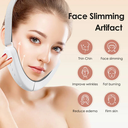 Woman using a face slimming artifact with icons indicating its benefits on a beige background