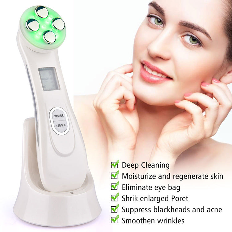 Facial skin care device with a woman's face and product features listed.
