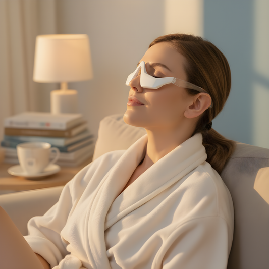 Woman in a robe with eye masks on, sitting in a cozy room.