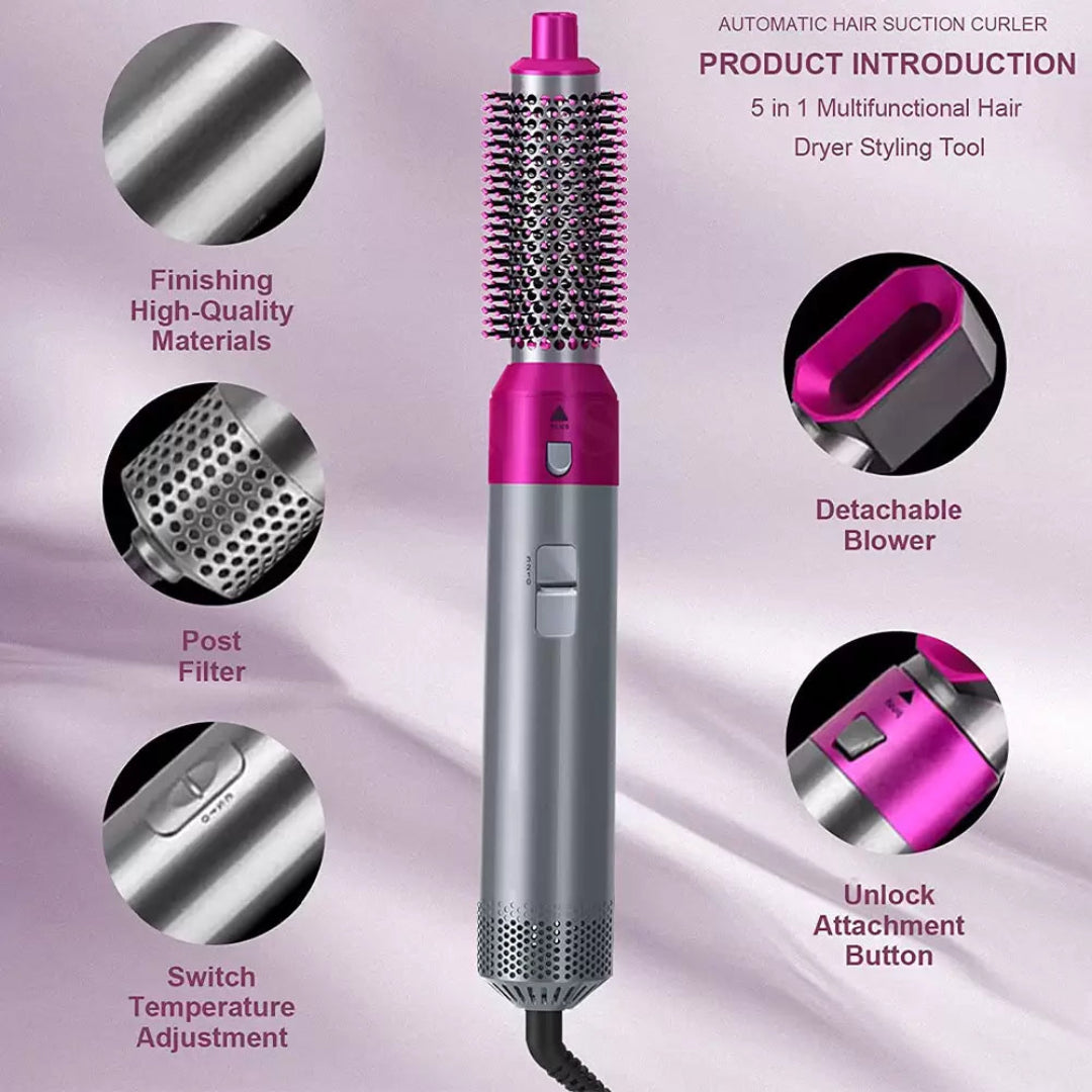 Multifunctional hair styling tool with features highlighted on a purple background