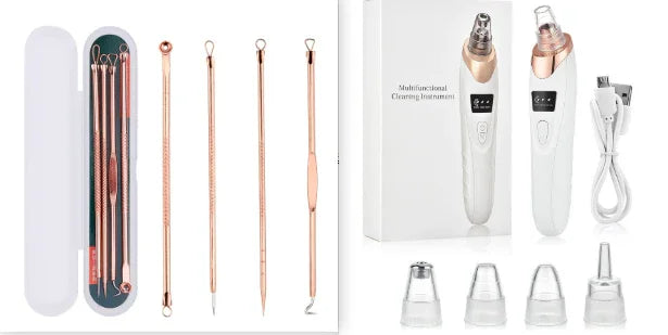 Set of skincare tools including needles and a device with attachments on a white background.