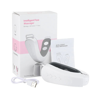 Intelligent face massager with packaging and USB cable on a white background