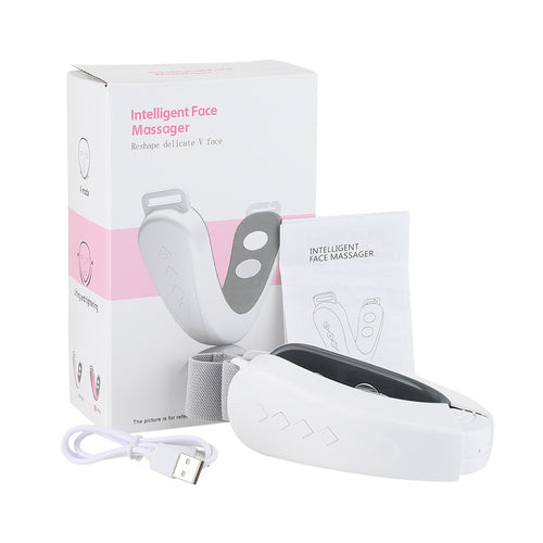 Intelligent face massager with packaging and USB cable on a white background
