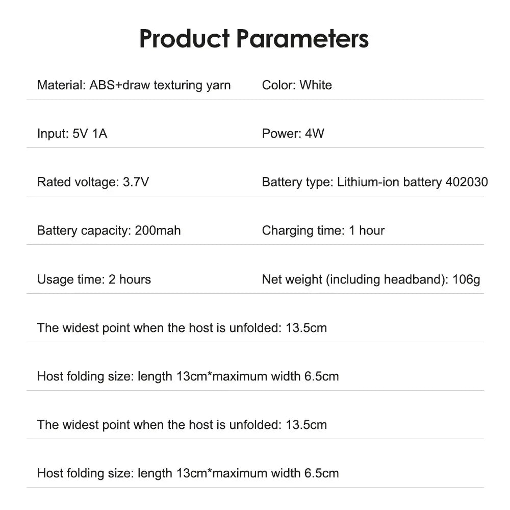 Product parameters table for a white electronic device with technical specifications.