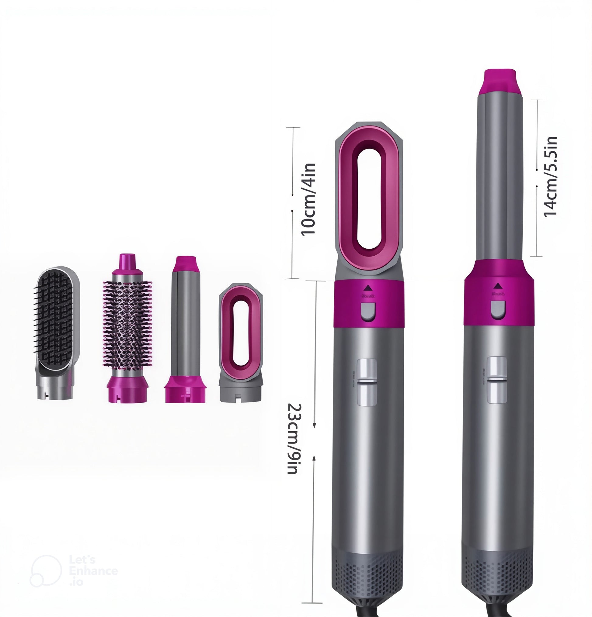 Hair styling tool with interchangeable attachments and measurements on a white background