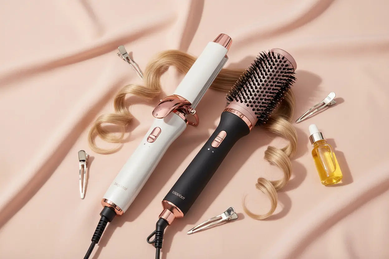 Hair styling tools including a curling iron, brush, and oil on a pink fabric background
