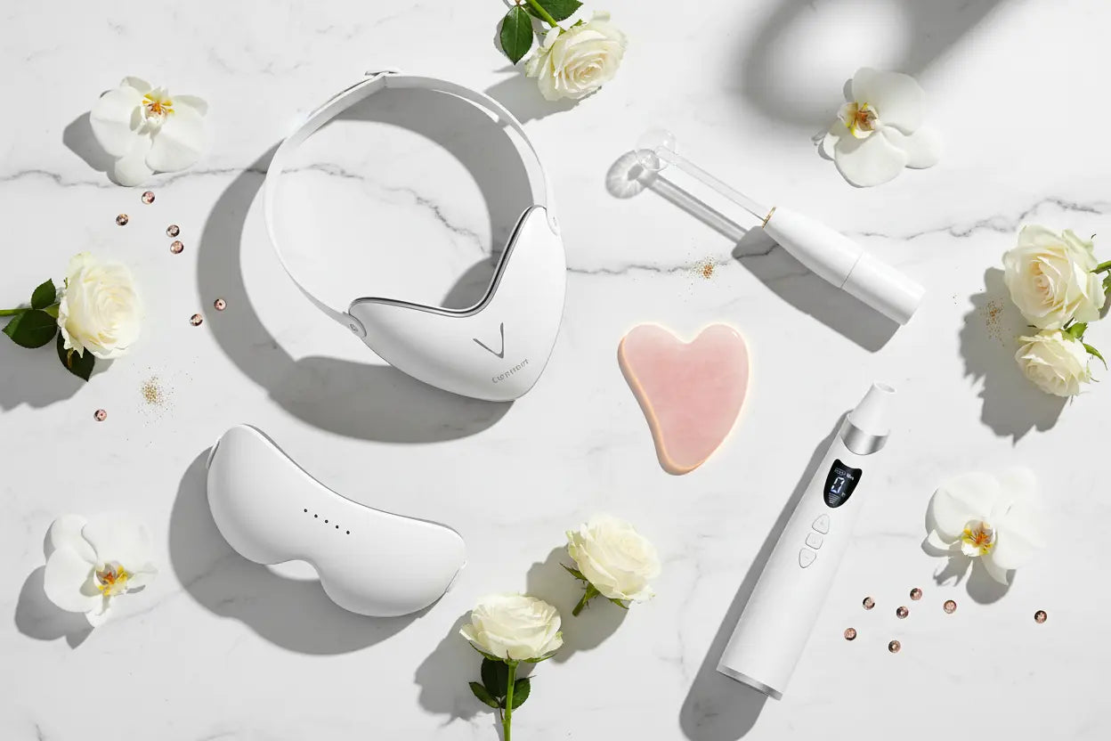 White electronic devices with floral arrangement on a light background