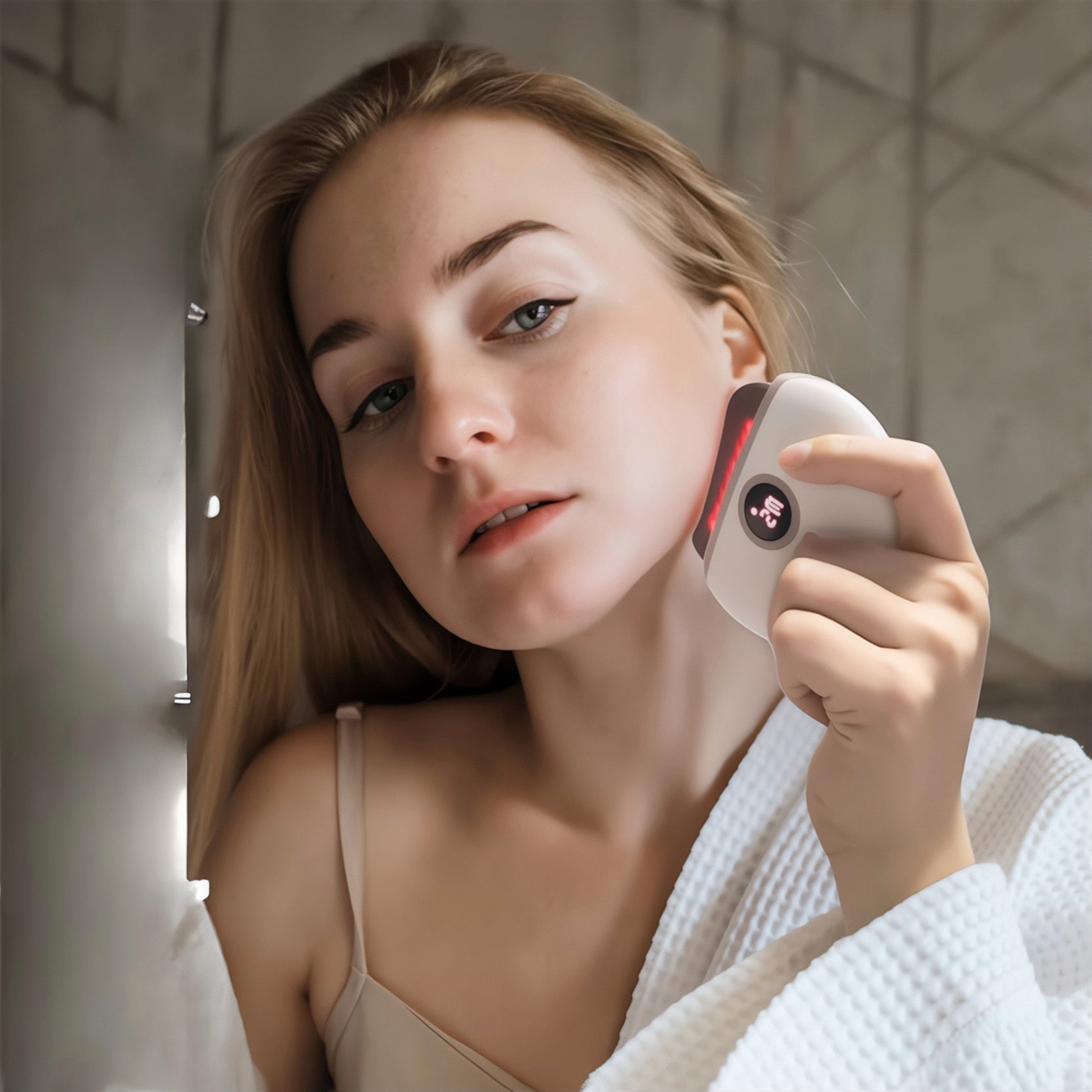 Woman using a handheld device on her face in front of a mirror